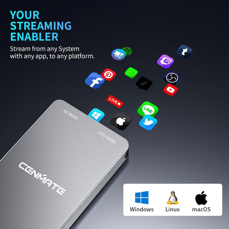 cenmate Aluminum HDMI Capture Card, USB 3.0 1080P 60FPS Audio Video Capture Card for Streaming/Gaming/Video Conference, 4K@30Hz Input & Pass-Through Capture Card for Nintendo Switch/PS5/Xbox/Camera/PC - Image 4